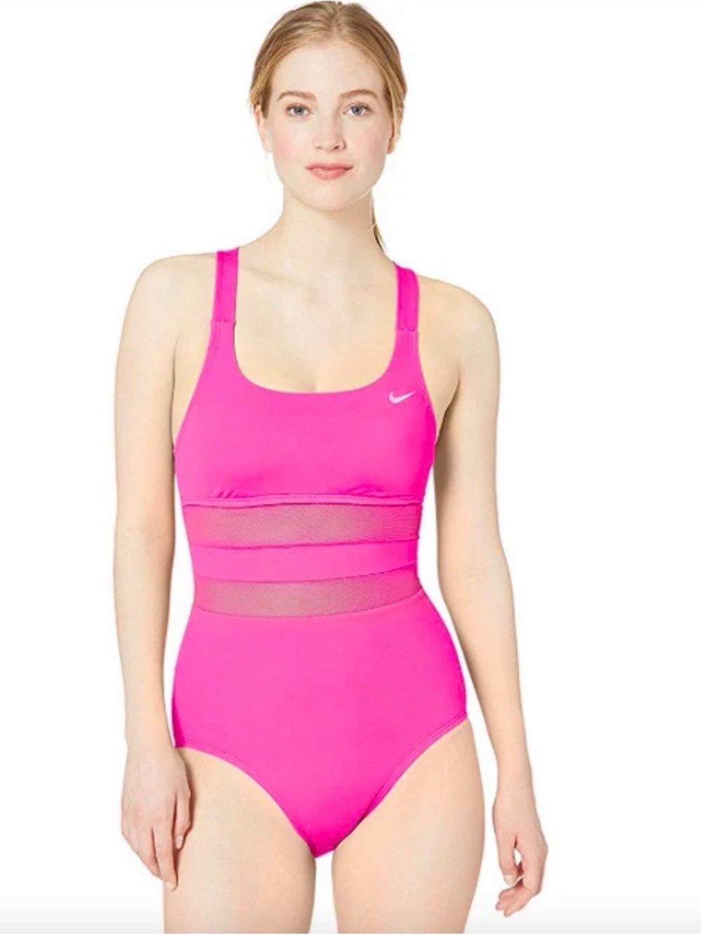 Nike Mesh Panel One Piece Swimsuit Hot Pink V-Back Cutout Athletic XS